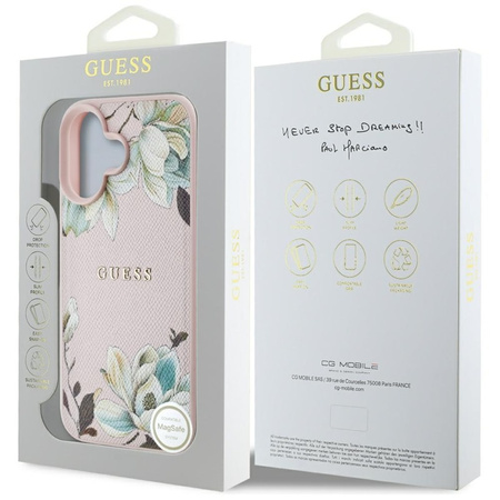 Guess Grained Printed Flower Pattern MagSafe - Etui do iPhone 16 (różowy) (GUHMP16SPGNMPLMP)