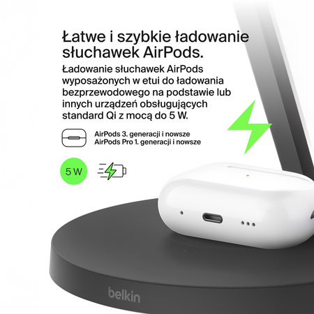 Belkin Stacja do ładowania bezprzewodowego na iPhone, Apple Watch, AirPods, Qi2 15W, czarna (WIZ032KQBK)