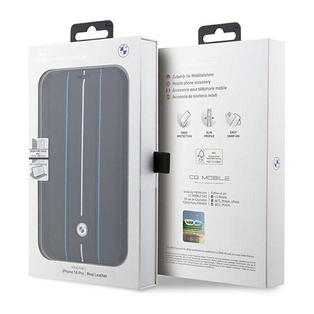 BMW Booktype Leather Stamp Blue Lines - Etui iPhone 14 Pro Max (czarny) (BMBKP14X22RVSK)
