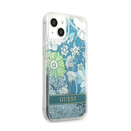 Guess Liquid Glitter Flower – Etui iPhone 13 mini (niebieski/zielony) (GUHCP13SLFLSN)