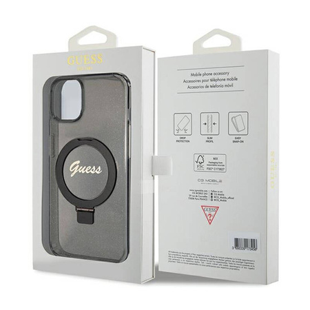 Guess Ring Stand Script Glitter MagSafe - Etui iPhone 15 (czarny) (GUHMP15SHRSGSK)