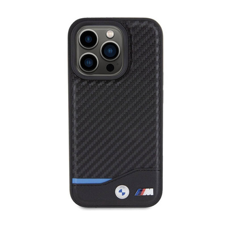 BMW Leather Carbon Blue Line MagSafe - Etui iPhone 15 Pro (czarny) (BMHMP15L22NBCK)