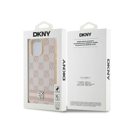 DKNY Leather Checkered Mono Pattern & Printed Stripes - Etui iPhone 14 Pro Max (różowy) (DKHCP14XPCPTSSP)