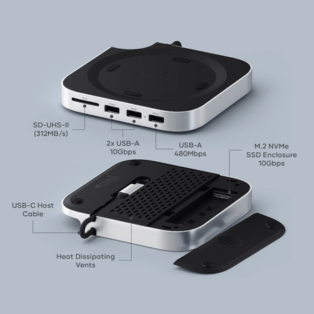Satechi Mac Mini M4 Stand & Hub SSD - aluminiowa podstawka do Mac Mini z Hub USB-C (host USB-C 3.2 gen. 2, 2x USB-A 3.2 10Gpbs,USB-A 2.0 480Mbps, czytnik kart SD 4.0 UHS-II do 312 MB/s, kieszeń na dysk SSD NVMe) - srebrna (ST-GNMMES)