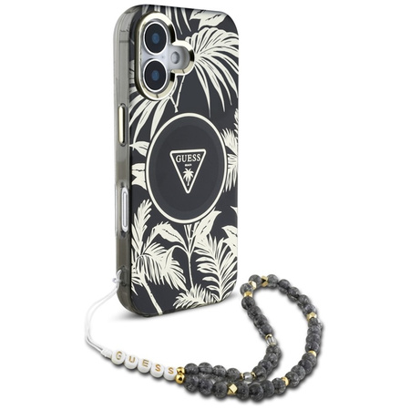 Guess Palm Trees Triangle Pearl Strap MagSafe - Etui do iPhone 16 (czarny) (GUHMP16SHPCTPLSK)