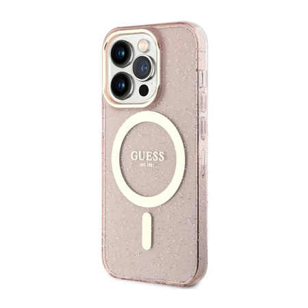 Guess Glitter Gold MagSafe - Etui iPhone 14 Pro (Różowy) (GUHMP14LHCMCGP)