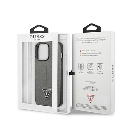 Guess Saffiano Triangle Logo Case – Etui iPhone 14 Pro Max (srebrny) (GUHCP14XPSATLG)