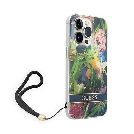 Guess Flower Cord - Etui ze smyczką iPhone 14 Pro Max (niebieski) (GUOHCP14XHFLSB)