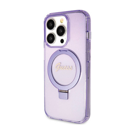 Guess Ring Stand Script Glitter MagSafe - Etui iPhone 15 Pro (fioletowy) (GUHMP15LHRSGSU)