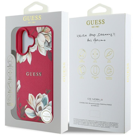 Guess Grained Printed Flower Pattern MagSafe - Etui do iPhone 16 (fuksja) (GUHMP16SPGNMPLMF)