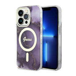 Guess Golden Marble MagSafe - Etui iPhone 14 Pro (Purpurowy) (GUHMP14LHTMRSU)