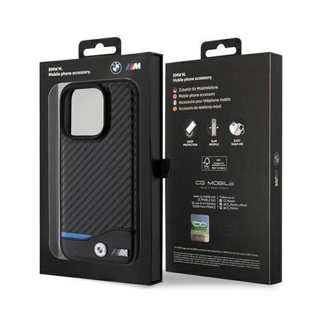 BMW Leather Carbon Blue Line MagSafe - Etui iPhone 15 Pro (czarny) (BMHMP15L22NBCK)