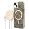 Guess Bundle Pack MagSafe 4G - Zestaw etui + ładowarka MagSafe iPhone 14 Plus (brązowy/złoty) (GUBPP14MH4EACSW)