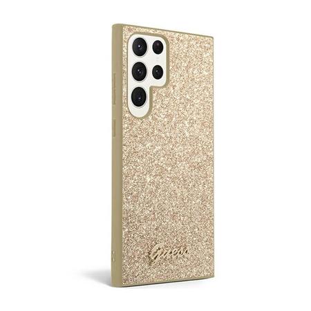 Guess Glitter Flakes Metal Logo Case - Etui Samsung Galaxy S24 Ultra (złoty) (GUHCS24LHGGSHD)