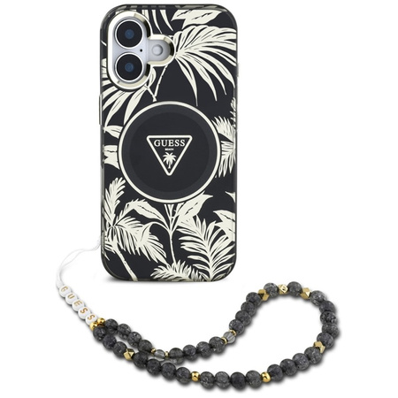 Guess Palm Trees Triangle Pearl Strap MagSafe - Etui do iPhone 16 (czarny) (GUHMP16SHPCTPLSK)