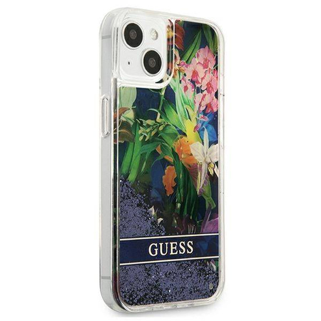 Guess Liquid Glitter Flower – Etui iPhone 13 mini (niebieski) (GUHCP13SLFLSB)