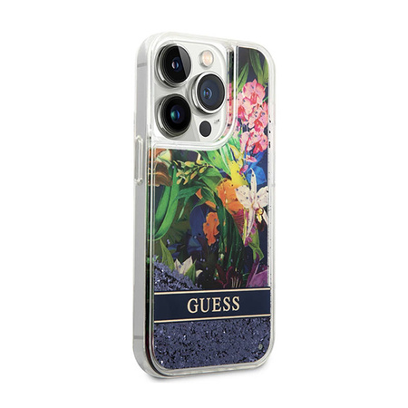 Guess Liquid Glitter Flower – Etui iPhone 14 Pro (niebieski) (GUHCP14LLFLSB)