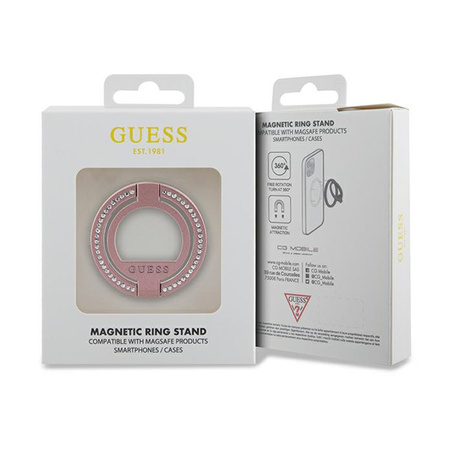 Guess MagSafe Ring Stand Rhinestone - Magnetyczny uchwyt na palec do telefonu z funkcją standu (Różowy) (GUMRSALDGP)