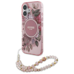 Guess IML Flowers With Pearl Strap MagSafe - Etui iPhone 16 (różowy) (GUHMP16SHFWBRCESP)
