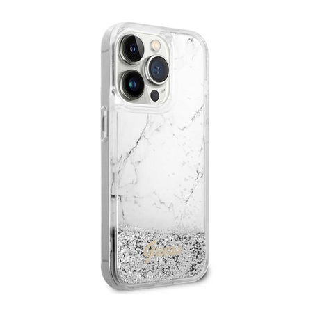 Guess Liquid Glitter Marble - Etui iPhone 14 Pro Max (Biały) (GUHCP14XLCSGSGH)
