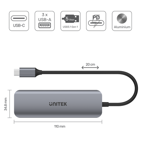 Unitek hub USB-C 3xUSB 3.1 Gen1 PD 100W SD microSD (H1107C)