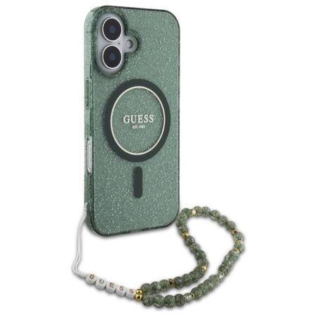 Guess IML Glitter With Pearl Strap MagSafe - Etui iPhone 16 Plus (zielony) (GUHMP16MHGCRELSA)