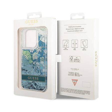 Guess Liquid Glitter Flower – Etui iPhone 14 Pro (zielony) (GUHCP14LLFLSN)