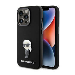 Karl Lagerfeld Silicone Ikonik Metal Pin - Etui iPhone 15 Pro (czarny) (KLHCP15LSMHKNPK)