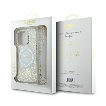 Guess IML Flowers Allover Electro With Pearl Strap MagSafe - Etui iPhone 16 Pro (biały) (GUHMP16LHCPOFPH)
