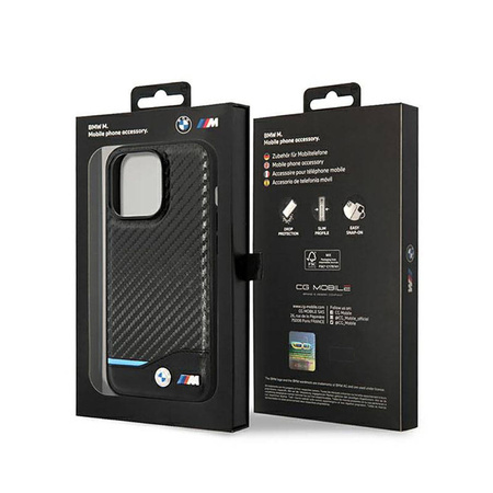 BMW Leather Carbon Blue Line – Etui iPhone 14 Pro (Czarny) (BMHCP14L22NBCK)