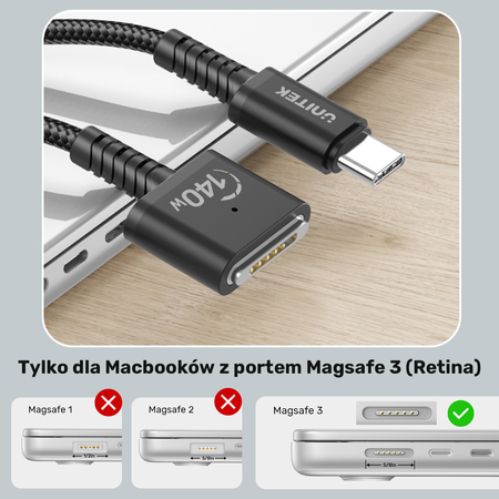 Unitek Kabel zasilający USB-C - MagSafe 3 140W 1 m  - czarny (C14121BK-1M)