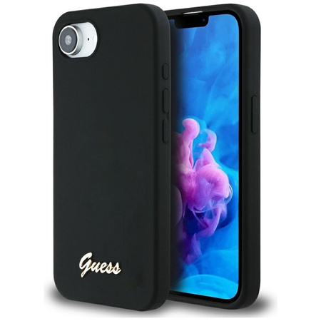 Guess Silicone Script Metal Logo MagSafe - Etui do iPhone 16e (czarny) (GUHMPSE4SMBSLK)