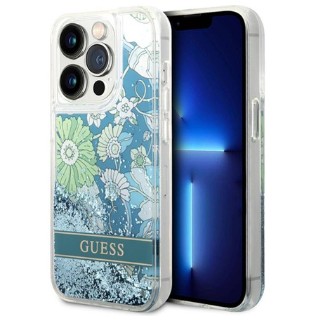Guess Liquid Glitter Flower – Etui iPhone 14 Pro Max (zielony) (GUHCP14XLFLSN)