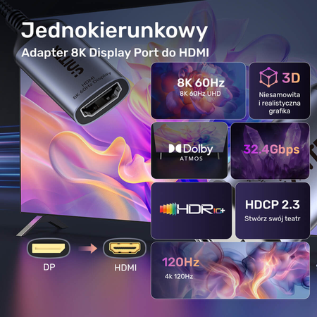 Unitek Przejściówka z DisplayPort 1.4 na HDMI 2.1, 8K60Hz (V1611A01)