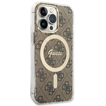 Guess Bundle Pack MagSafe 4G - Zestaw etui + ładowarka MagSafe iPhone 13 Pro (brązowy/złoty) (GUBPP13LH4EACSW)