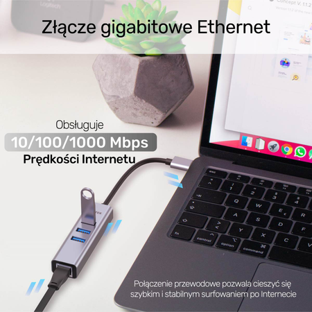 Unitek Hub USB C 4w1 Ethernet 3 x USB A 5 Gbps z adapterem USB A (Y-3088B)