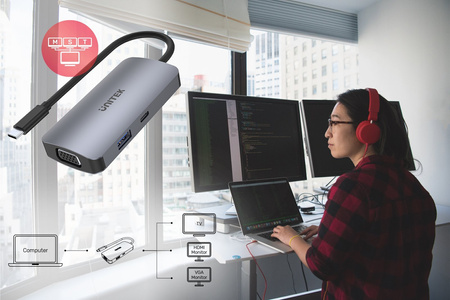 Unitek Hub USB-C 1xUSB 3.1 Gen1 VGA 2xHDMI PD MST (D1051A)