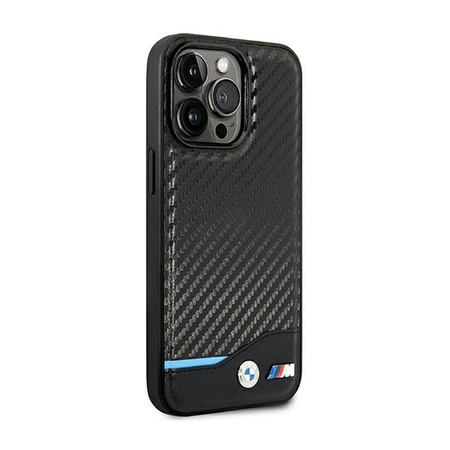 BMW Leather Carbon Blue Line – Etui iPhone 14 Pro (Czarny) (BMHCP14L22NBCK)