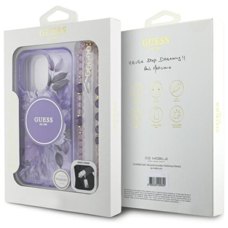 Guess IML Flowers With Pearl Strap MagSafe - Etui iPhone 16 Pro Max (fioletowy) (GUHMP16XHFWBRCESU)