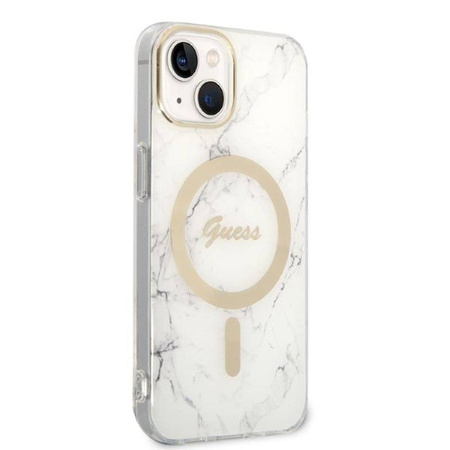 Guess Bundle Pack MagSafe IML Marble - Zestaw etui + ładowarka MagSafe iPhone 14 Plus (biały/złoty) (GUBPP14MHMEACSH)