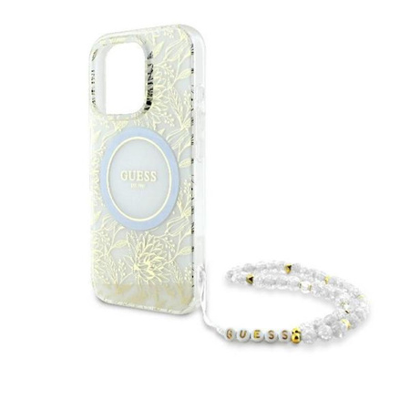 Guess IML Flowers Allover Electro With Pearl Strap MagSafe - Etui iPhone 16 Pro (biały) (GUHMP16LHCPOFPH)