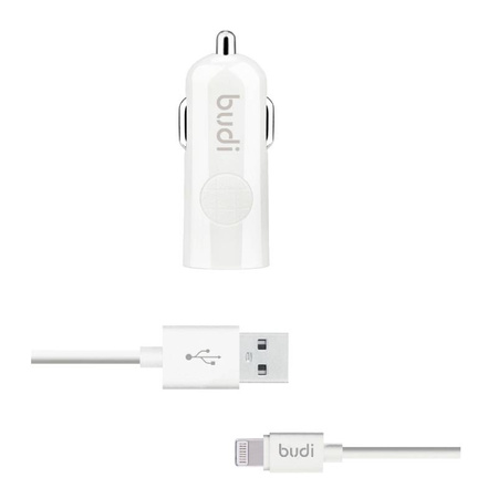 Budi - Ładowarka samochodowa USB + kabel Lightning (Biały) (BD062L)