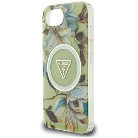 Guess IML Metal Glitter Flowers Triangle MagSafe - Etui do iPhone 16e (zielony) (GUHMPSE4HFLPEDN)