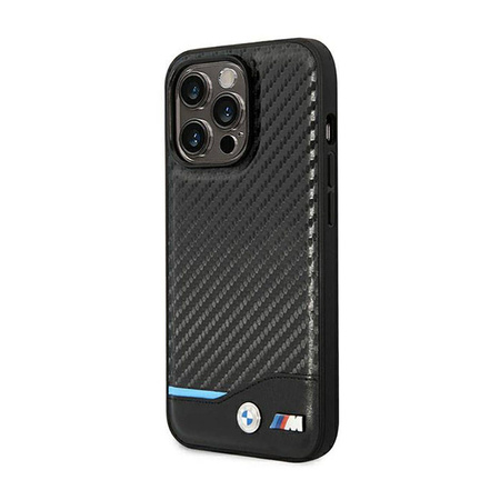 BMW Leather Carbon Blue Line – Etui iPhone 14 Pro (Czarny) (BMHCP14L22NBCK)