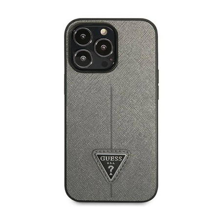 Guess Saffiano Triangle Logo Case – Etui iPhone 14 Pro (srebrny) (GUHCP14LPSATLG)