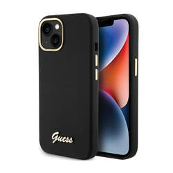 Guess Silicone Script Metal Logo & Frame - Etui iPhone 15 (czarny) (GUHCP15SSMBSLK)
