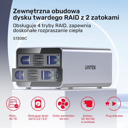 Unitek Obudowa RAID do dysku SATA 2.5''/3.5'' 4 tryby 40TB USB C 10Gb/s (S1308C01-EU)