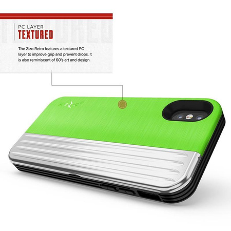 Zizo Retro Series - Etui iPhone Xs / X z kieszenią na karty + podstawka + szkło 9H na ekran (Neon Green/Silver) (RET-IPH8-NGRSL)