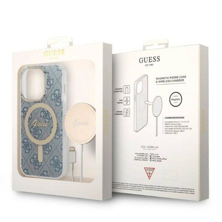 Guess Bundle Pack MagSafe 4G - Zestaw etui + ładowarka MagSafe iPhone 14 Pro (niebieski/złoty) (GUBPP14LH4EACSB)