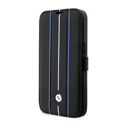BMW Booktype Leather Stamp Blue Lines - Etui iPhone 14 Pro (czarny) (BMBKP14L22RVSK)